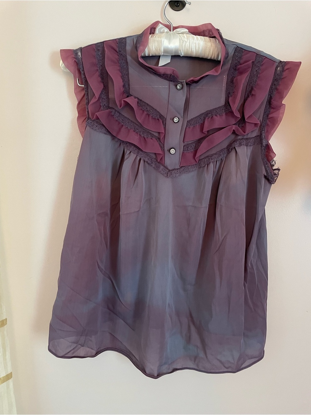 Ruffled Sleeveless Nylon Babydoll- Plum w Rhinestone Buttons Vintage 1960s